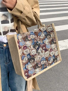 卡通图案购物袋书包、学校书包、大容量、轻便、便携，适合少女、女大学生、白领，非常适合返校、大学、工作、商务、通勤、购物 - 彩色 - 查看 8