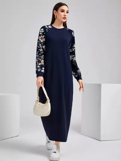 Mulvari Contrast Floral Raglan Sleeve Modest Long Sleeve Dress