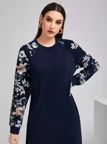 Mulvari 撞色花卉插肩袖端庄长袖连衣裙 - 藏蓝色 - 查看 3