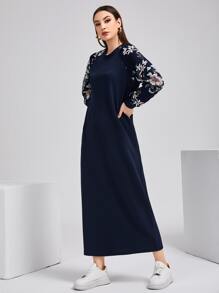 Mulvari 撞色花卉插肩袖端庄长袖连衣裙 - 藏蓝色 - 查看 4