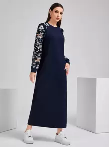 Mulvari 撞色花卉插肩袖端庄长袖连衣裙 - 藏蓝色 - 查看 5