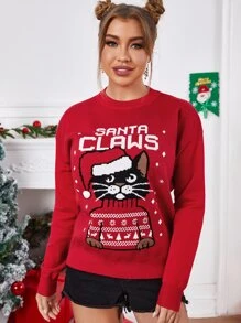 SHEIN Christmas Letter Graphic And Cartoon Cat Drop Shoulder Jumper - Red - View 1