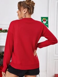 SHEIN Christmas Letter Graphic And Cartoon Cat Drop Shoulder Jumper - Red - View 2