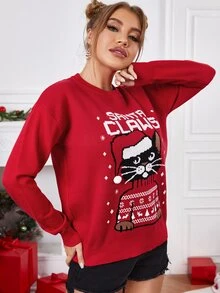 SHEIN Christmas Letter Graphic And Cartoon Cat Drop Shoulder Jumper - Red - View 4