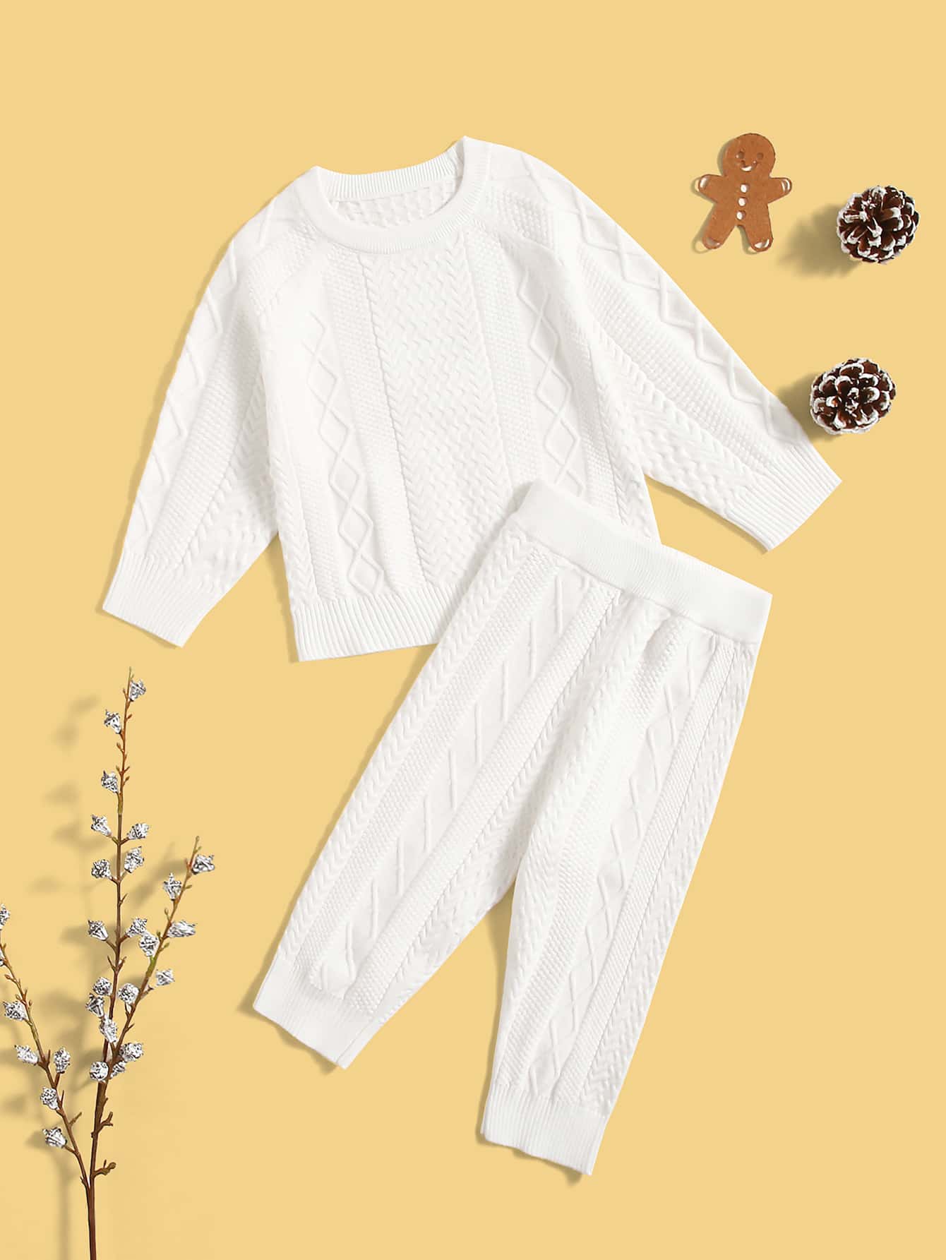 Baby Raglan Sleeve Cable Knit Jumper & Knit Trousers - White - View 1