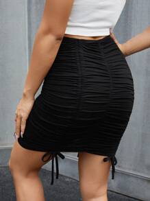 SHEIN ICON Drawstring Ruched Knot Solid Skirt