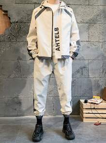 Men Slogan Graphic Contrast Panel Hooded Jacket & Trousers - Beige - View 2