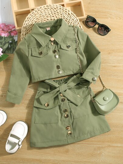 SHEIN Young Girl Flap Detail Jacket & Belted Skirt