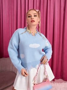 SHEIN Qutie Plus V Neck Ripped Raw Hem Drop Shoulder Sweater - Blue and White - View 4