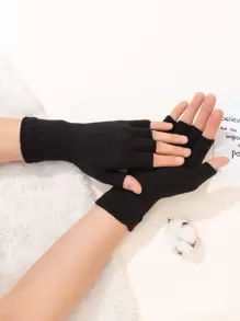 1pc Minimalist Solid Black Winter Fingerless Gloves - Black - View 1