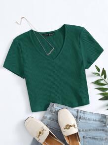 SHEIN EZwear 夏季V领罗纹针织短袖修身上衣 - 墨綠色 - 查看 6