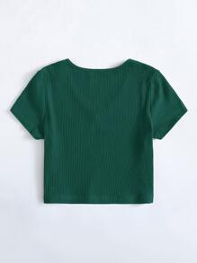 SHEIN EZwear 夏季V领罗纹针织短袖修身上衣 - 墨綠色 - 查看 2