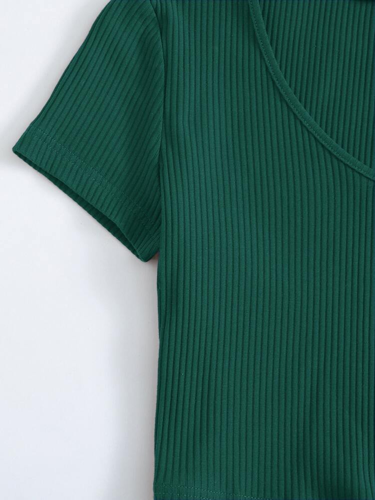SHEIN EZwear Summer V-Neck Rib-Knit Short Sleeves Slim Fit Top - Dark Green - View 3