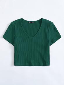 SHEIN EZwear 夏季V领罗纹针织短袖修身上衣 - 墨綠色 - 查看 4