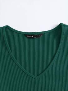 SHEIN EZwear 夏季V领罗纹针织短袖修身上衣 - 墨綠色 - 查看 5