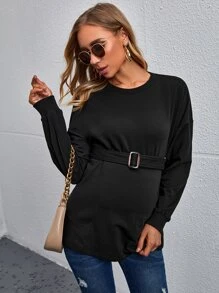 SHEIN Maternity Drop Shoulder Buckle Belted Sweatshirt - Black - View 1
