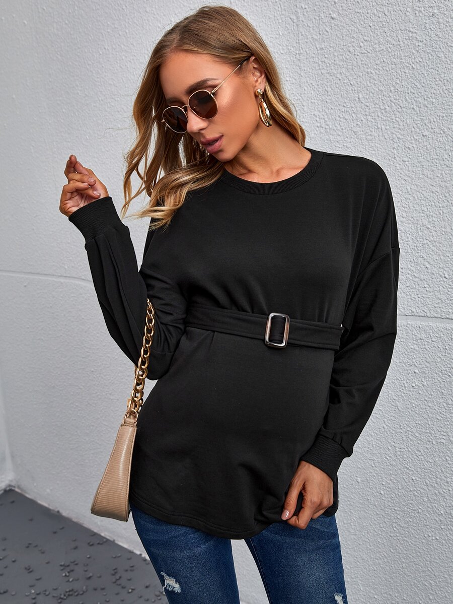 SHEIN Maternity Drop Shoulder Buckle Belted Sweatshirt - Black - View 1