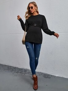 SHEIN Maternity Drop Shoulder Buckle Belted Sweatshirt - Black - View 3