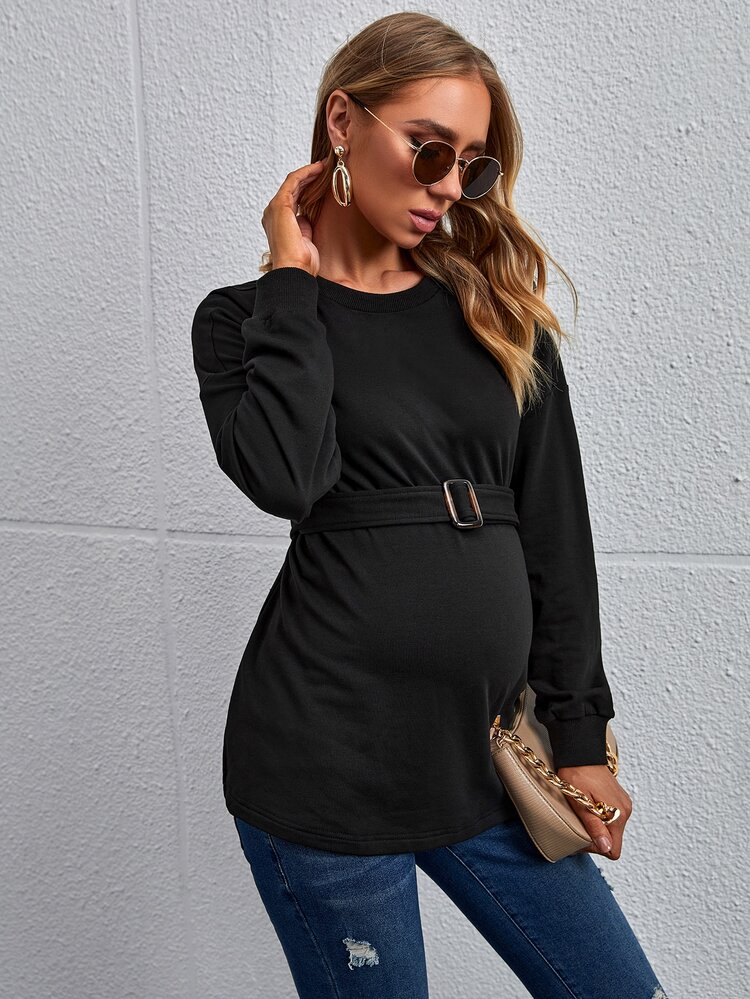 SHEIN Maternity Drop Shoulder Buckle Belted Sweatshirt - Black - View 4
