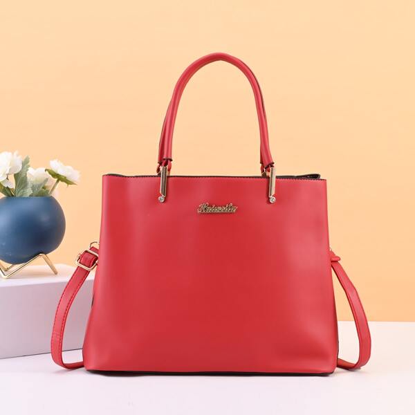 

Minimalist Metal Decor Top Handle Bag, Red