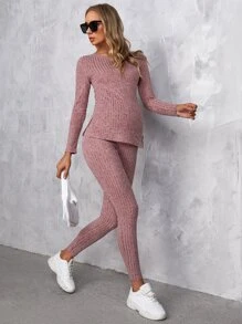 SHEIN Maternity Split Hem Top & Adjustable Elastic Waist Trousers - Dusty Pink - View 3