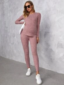 SHEIN Maternity Split Hem Top & Adjustable Elastic Waist Trousers - Dusty Pink - View 4