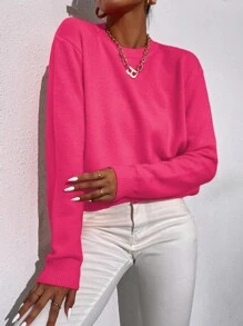 SHEIN Essnce 素色小圓領套頭毛衣 - 玫紅色 - 查看 6