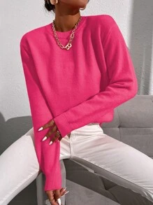 SHEIN Essnce 素色小圓領套頭毛衣 - 玫紅色 - 查看 7