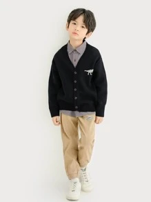 Niños Cárdigan con patrón de dinosaurio de hombros caídos - Negro - Ver 3