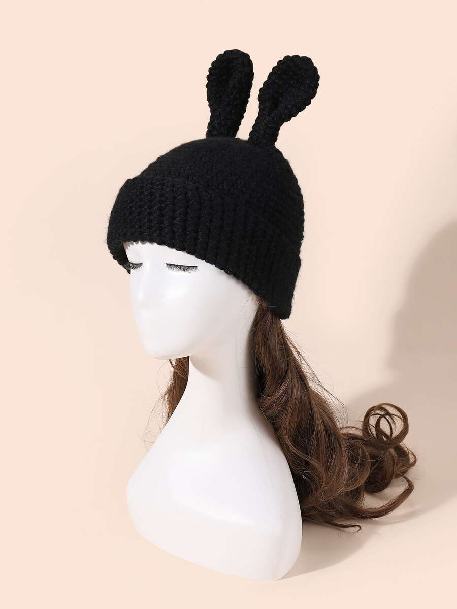 Gorro con oreja de conejo con diseño - Negro - Ver 1