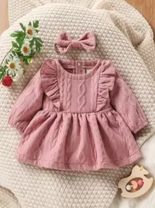嬰兒數據線紋理質感荷葉邊連衣裙附髮帶 - 藕粉色 - 查看 1
