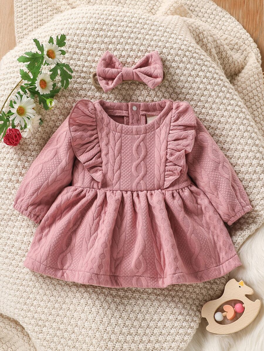 嬰兒數據線紋理質感荷葉邊連衣裙附髮帶 - 藕粉色 - 查看 1