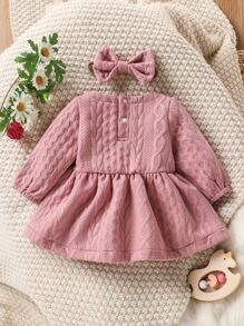 嬰兒數據線紋理質感荷葉邊連衣裙附髮帶 - 藕粉色 - 查看 2