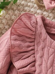 嬰兒數據線紋理質感荷葉邊連衣裙附髮帶 - 藕粉色 - 查看 5