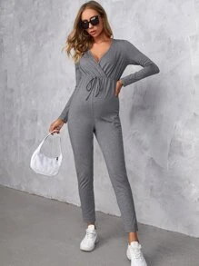SHEIN Maternity Surplice Neck Knotted Front Jumpsuit - Light Grey - View 1