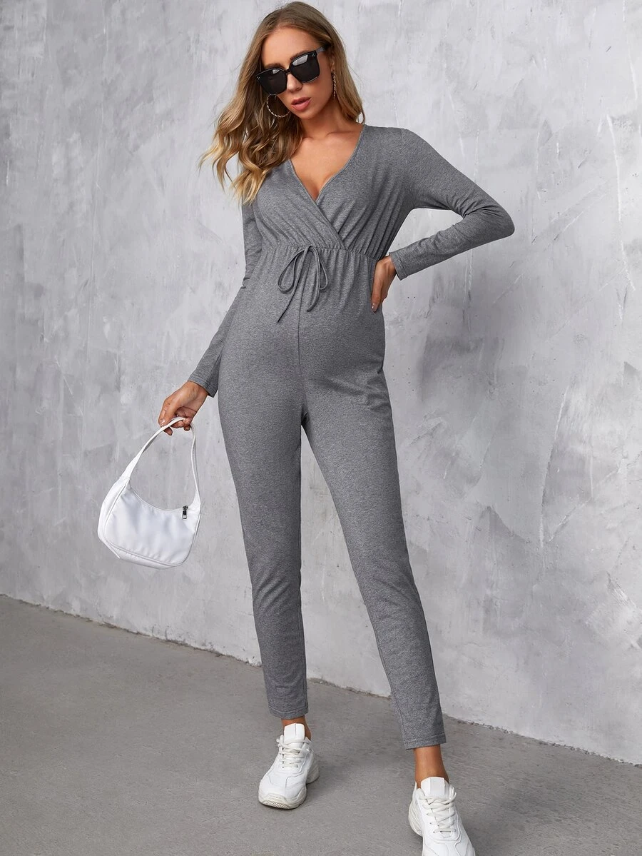 SHEIN Maternity Surplice Neck Knotted Front Jumpsuit - Light Grey - View 1