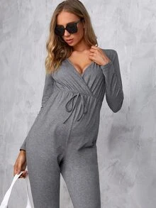 SHEIN Maternity Surplice Neck Knotted Front Jumpsuit - Light Grey - View 4