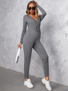 SHEIN Maternity Surplice Neck Knotted Front Jumpsuit - Light Grey - View 5