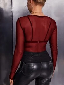 SHEIN Privé Sheer Mesh Top Without Bra - Burgundy - View 2
