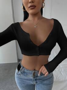 Áo nữ Nút màu trơn Giải trí - màu đen - Xem 1