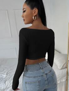 Áo nữ Nút màu trơn Giải trí - màu đen - Xem 2