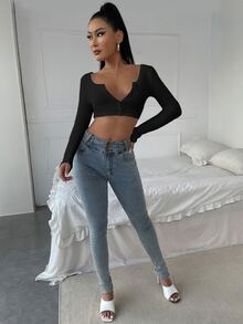 Áo nữ Nút màu trơn Giải trí - màu đen - Xem 3