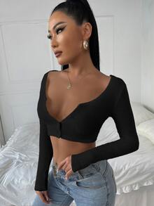 Áo nữ Nút màu trơn Giải trí - màu đen - Xem 5