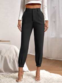 SHEIN Essnce Solid Dual Pockets Cropped Carrot Pants - Black - View 1