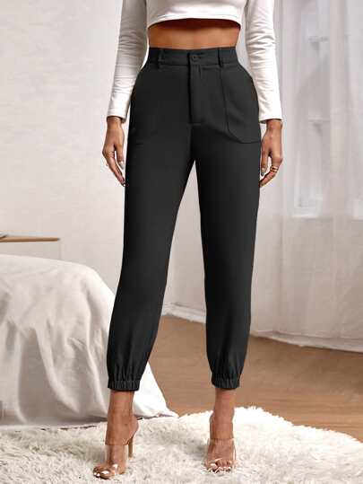 SHEIN Essnce Solid Dual Pockets Cropped Carrot Trousers