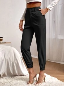 SHEIN Essnce Solid Dual Pockets Cropped Carrot Pants - Black - View 3