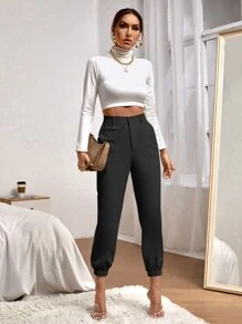 SHEIN Essnce Solid Dual Pockets Cropped Carrot Pants - Black - View 4