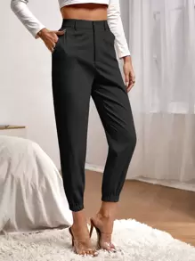 SHEIN Essnce Solid Dual Pockets Cropped Carrot Pants - Black - View 5