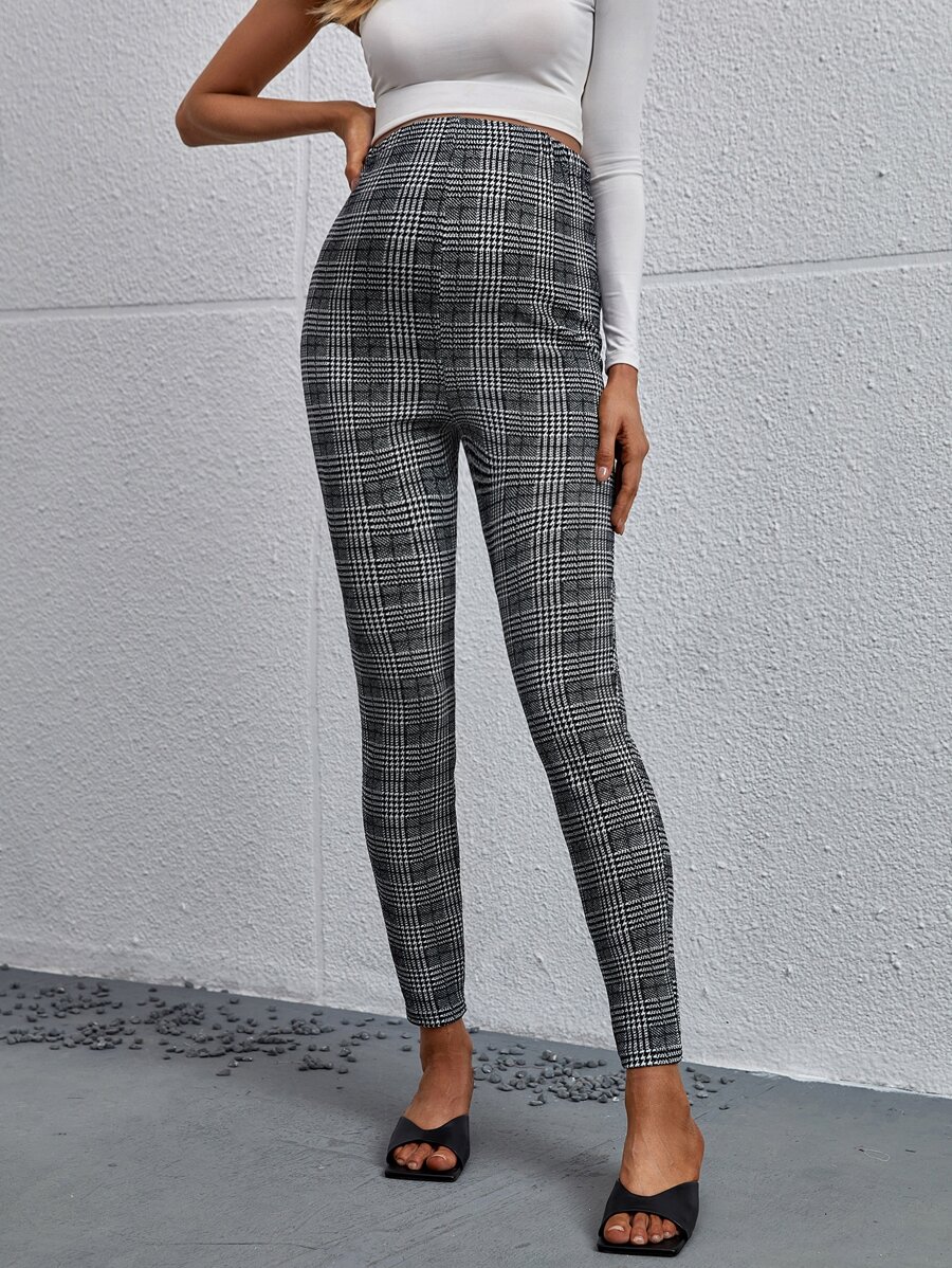 SHEIN Maternity Plaid Adjustable Waist Skinny Trousers - Black and White - View 1
