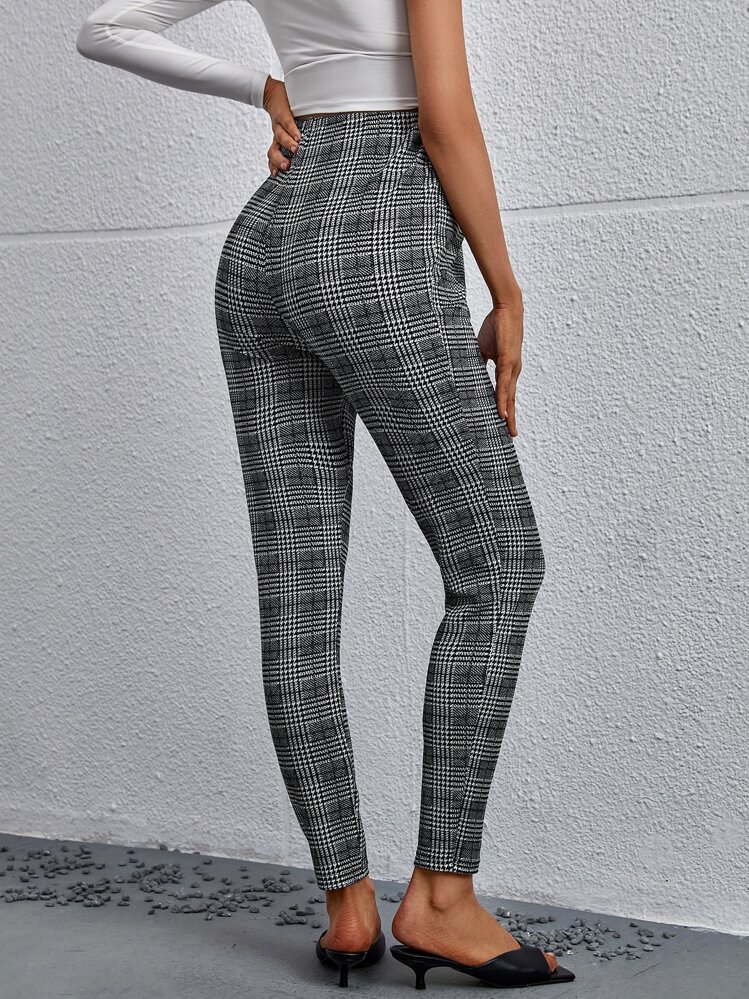 SHEIN Maternity Plaid Adjustable Waist Skinny Trousers - Black and White - View 2